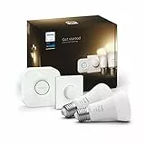 Philips Hue White Starter Kit con 2 Lampadine, Bluetooh, Dimmerabili, E27 + Hue Bridge + 1 Telecomando Hue Smart Button, Bianco