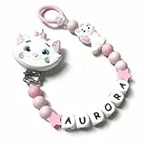Catenella Portaciuccio con Nome, Catenella Personalizzata Compatibile con Ciucci Mam e Nuk, Gattina (Rosa chiaro)