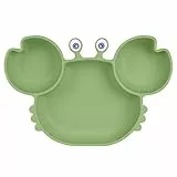 Vicloon Piatto per Bambini in Silicone, Piatto con Ventosa per Bambini, Piatto Svezzamento senza BPA, Piatti Divisi per Bambini Adatto alla Maggior Parte dei Tavoli e Seggioloni, Granchio Verde