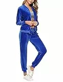 Irevial Due Pezzi Completi Sportivi Donna Velluto Casual Tuta da Ginnastica con Zipper Morbida Pigiama a Manica Lunga Jogging Training Blu L