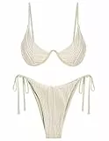 ZAFUL Bikini da donna Set a costine Costume da bagno a due pezzi con ferretto regolabile gancio costume da bagno a taglio alto perizoma cravatta laterale costumi da bagno, Beige, S