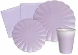 Kit Party Tavola Flower Shape per 24 persone (112 pezzi: 24 piatti Ø23cm, 24 piatti Ø18cm, 24 bicchieri 200ml, 40 tovaglioli 33x33cm) in carta compostabile eco-friendly, viola lavanda