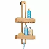 mDesign Mensola da doccia senza foratura, supporto portaoggetti per doccia da appendere, utensile da bagno in legno e metallo, cestelli per accessori da doccia, colore bambù