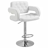 HOMCOM Sgabello da Bar Alto con Schienale e Braccioli, Sgabello da Cucina Stile Moderno Girevole con Altezza Regolabile e Poggiapiedi, Similpelle Bianca, 64x50x94-114cm