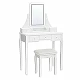 VASAGLE Toeletta con Luci LED a 3 Colori con Luminosità Regolabile, Postazione Trucco con Specchio Girevole a 360°, Sgabello Imbottito, 5 Cassetti e 1 Organizzatore Rimovibile, Bianco RDT25WL