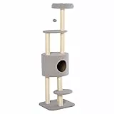PawHut Albero Tiragraffi Robusto per Gatti con 5 Livelli, Cuccia, Casetta, Giochi e Corda Sisal, Grigio e Beige Max 30kg