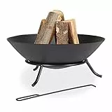 Relaxdays Braciere con Attizzatoio, da Giardino e Terrazza, H x D: 23 x 57 cm, Ciotola in Ghisa, Gambe in Acciaio, Nero