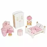 Le Toy Van - ME057 - Camera da letto per casa delle bambole, 3 anni, Set mobili di legno 19 pezzi, giocattoli ecologici, Montessori, include letto matrimoniale, toeletta, armadio, comodino, accessori
