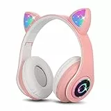Sendowtek Cuffie Bluetooth per Bambini Adulti Oopra l'orecchio Cute Gatto Earphone con Luci Lampeggianti Cuffie Pieghevoli con Mic Incorporato Cuffie Wireless Carine per Bambini Ragazze Boys (rosa)