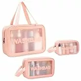 Evmyo 3 in 1 Beauty Case Donna da Viaggio 3 Pezzi Borse da Toilette Impermeabile Trasparenti Borse Cosmetica Grande Trousse Porta Trucchi Borsa per WC Trasparente Donna e uomo (Rosa)