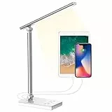 MAHAND Lampada da scrivania, 5 modalità di illuminazione 10 livelli di luminosità, dimmerabile, 10 W, funzione memoria e timing, pieghevole e touch screen, 2 porte USB (Argento)