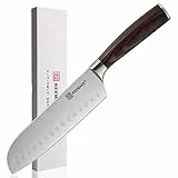 KEEMAKE Coltello Santoku 18cm, Coltello Giapponese in Acciaio Alto Tenore di Carbonio, Coltelli da Cucina Professionali, Coltello Cucina con Manico in Legno, per Verdure Pesce Sushi