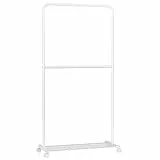 SONGMICS Stand Appendiabiti Doppio, Struttura in Metallo, Portabiti Largo 91 cm, con Ripiano Portaoggetti e Rotelle, 2 Ruote con Freni, Portata di Ogni Barra di 20 kg, Bianco HSR027W01