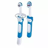 MAM Learn To Brush, Set Spazzolini Denti Bambini con Manico Lungo, da 5+ Mesi, Azzurro