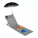 Relaxdays, Grigio Materassino da Spiaggia, Lettino Imbottito XXL, Ombrellino, Regolabile, Cuscino&Borsa, Pieghevole, poliestere, acciaio, 3-stufig