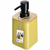 KADAX Dispenser di sapone con pompa, erogatore pompa in 6, bottiglia liquida con coperchio in bambù, dosatore sapone per bagno, cucina e lavanderia (giallo)