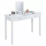 COSTWAY Toeletta da Trucco con Specchiera, Tavolo da Trucco Organizer in Legno Stabile con Superficie Ampia, Toeletta con 2 Cassetti e Vari Scomparti Nascosti per Camera da letto, Bianco