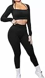Siyova Tuta da Donna Yoga 2 Pezzi Completo Sportivo Donna Casual Manica Lunga Tinta Unita Crop Tops+Pantaloni Leggings Vita Alta Tuta da Ginnastica (Nero, S)