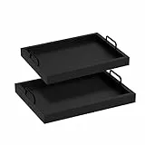 BIGLUFU 2 Pezzi Vassoio da Portata in Legno, Rettangolare Vassoio con Manici per Riporre Piccoli Oggetti, Moderno Vassoio in Legno per Caffè, Tè e Colazione (Nero)