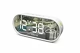 Explore Scientific RDC2002, Orologio con frontale a specchio, Ora, Temperatura interna, Previsioni del tempo a icone, Doppia sveglia, 3 livelli di luminosità, Controllo soft touch, Porta USB, Bianco