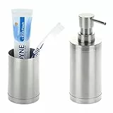 Relaxdays 2 Accessori Set da Bagno Acciaio Inox, Bicchiere Portaspazzolino, Dispenser Portasapone Liquido, Argento, 100%
