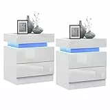 Lvhcmfohm Set di 2 Comodini Camera da Letto con LED, Comodino Cameretta Bianco, Cassettiera Bianca con 2 Cassetti e Barra Luminosa a 16 Colori (45x35x52cm)