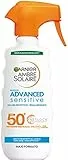 Garnier Ambre Solaire Solare Protettivo Spray Gachette Advanced Sensitive, Viso e Corpo, Con Protezione Molto Alta SPF 50+, Formula Ipoallergenica Resistente a Acqua, Sale e Cloro, Maxi Formato 300 ml