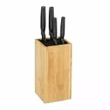 Relaxdays Ceppo Portacoltelli, Vuoto, con Setole, Spazio per 6 Coltelli, Universali, HxD 24x12 cm, Legno Naturale, bambù, plastica