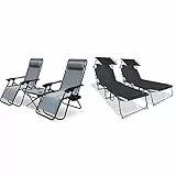 VOUNOT Set di 2 Sdraio da Giardino Pieghevole da Esterno con Tavolino Portabicchieri, Sedia Reclinabile con Poggiatesta Rimovibile, Grigio & Set di 2 Lettino Prendisole Pieghevole, Nero