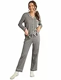 Dobreva Set Pigiama da Donna Manica Lungo Pantalone Pigiami Due Pezzi con Bottoni Cotone Camicie da Notte Grigio Neutro 50