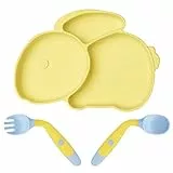 Vicloon Piatto Svezzamento in Silicone, con 3 Aree, con Ventosa, Piastra di Alimentazione con Cucchiaio e Forchetta, Lavabile in Lavastoviglie, Giallo