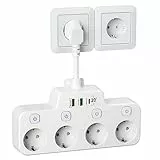 Ciabatta Multipresa con USB-C 20W, Multipresa Elettrica a 4 Posti (schuko 16A/4000W) con 4 Interruttore, Ciabatta USB Multipresa con Protezione Sovratensione, Presa USB, Cavo 0.1m, Bianco