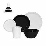 UNITED COLORS OF BENETTON Black & White - Servizio da tavola da 5 pezzi composto da 1 piatto di servizio, 1 piatto fondo, 1 dessert, 1 tazza, ceramica, lavabile in lavastoviglie, bianco e nero
