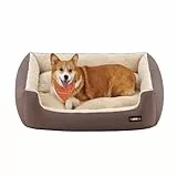 FEANDREA Cuccia per Cani, Letto Divano per Animali Domestico, Tappeto Rimovibile e Reversibile, Bordi Rialzati, Fondo Antiscivolo, Taglia L, 85 x 65 x 21 cm, Marrone Caffè e Beige Sabbia PGW04Z