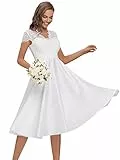 Ever-Pretty Vestito da Ballo Pizzo Maniche Corte Scollo a V Stile Impero Linea ad A Elegante Midi da Donna Bianco 46EU