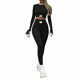Loalirando Completo Sportivo Donna Tuta da Ginnastica 2 Pezzi Tinta Unita Crop Top Manica Lunga Collo Rotondo + Pantaloni a Vita Alta Sportwear per Yoga Corso Palestra Fitness (Nero, S)