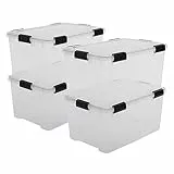 Iris Ohyama, Contenitori di plastica impermeabili da 50L con coperchio, Lotto di 4, AT-L, Trasparenti, Impilabili, Clip di chiusura - L59 x P39 x A29 cm