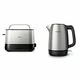 Philips Tostapane - 2 Fette, 7 impostazioni, Scongelamento e Scalda Brioche Integrato, Leva di Sollevamento + Philips Bollitore Elettrico - 1,7 L, Coperchio a Molla, Spia Luminosa, in Acciaio Inox
