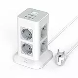 TESSAN Ciabatta Multipresa con USB, Multipresa Verticale con 8 Prese e 3 USB, Multipresa Elettrica Protezione Sovratensione, Ciabatta Elettrica con Cavo 2M e Interruttore, Multipresa Schuko 3600W