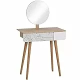 HOMCOM Toeletta Tavolo da Trucco con Specchio Circolare Ф39cm, Consolle Trucco con Cassetto con Decorazione Jungle, Bianco e Rovere, 70x39x119-128cm
