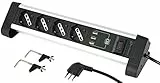 Electraline 61905 Multipresa 4 Posti Polivalenti, Schuko + 10/16 A, con 3 USB 3.4 A, con Supporti per Fissaggio alla Scrivania, Nero/Argento