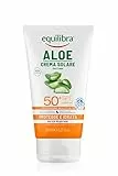 Equilibra Solari, Aloe Crema Solare SPF 50+, a Base di Aloe Vera, Vitamina C ed E, Olio di Argan, Olio di Cocco e Burro di Karité, Assicura un'Abbronzatura Sana e Naturale, Water Resistant, 150 ml