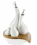 Brandani 55452 Menage goccia, olio aceto sale e pepe, in porcellana bianca con supporto bamboo