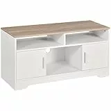 HOMCOM Mobile TV con 3 Scomparti Aperti, 2 Armadietti e Piano d'Appoggio, Mobile per TV fino a 50', in Truciolato, 105x40x52cm, Bianco e Legno
