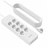 Ciabatta Multipresa, NTONPOWER 8 Schuko con 1700 Joule Protezione da Sovratensioni e 5 Porte USB, 4000W/16A, 5 Metri Lunga Cavo - Bianco