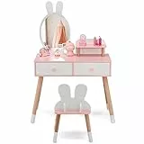 COSTWAY Set Toeletta per Bambini, Set Tavolo da Trucco in Legno per Bambini con Sgabello, Specchio a Forma di Coniglio Staccabile, Cassetti, Ideale per Bambini dai 3 ai 7 Anni, 78x37x110cm (Bianco)