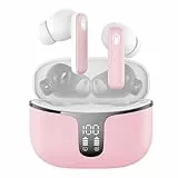 Renimer True Cuffie Wireless Android iOS, 40 Ore Stereo Bluetooth 5.3 Earphones con 4 Mics, LED Display, IP7 Impermeabili, Touch Control, Ricarica Rapida USB-C, Rosa Chiaro