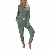 I3CKIZCE Tuta da Donna T-shirt Manica Lunga Completa e Pantaloni Lunghi con Coulisse Set Sportivo 2 Pezzi Tinta Unita per Donna Tuta Casual per Sport da Casa Yoga Fitness (L, Verde4)