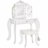HOMCOM Toeletta per Bambini con Sgabello in Legno, Tavolo Trucco con Triplo Specchio e Cassetto, 63x40x85.5cm, Bianco