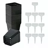 50 vasi quadrati per piante e 10 etichette, vasi in plastica per piantine, vasi da giardinaggio, contenitori per piante con fori di drenaggio per piantare piantine, ortaggi e fiori (nero)